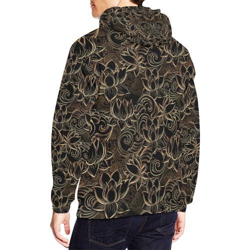 Golden Lotus Pattern Print Men Pullover Hoodie-grizzshop