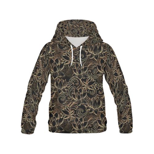 Golden Lotus Pattern Print Men Pullover Hoodie-grizzshop