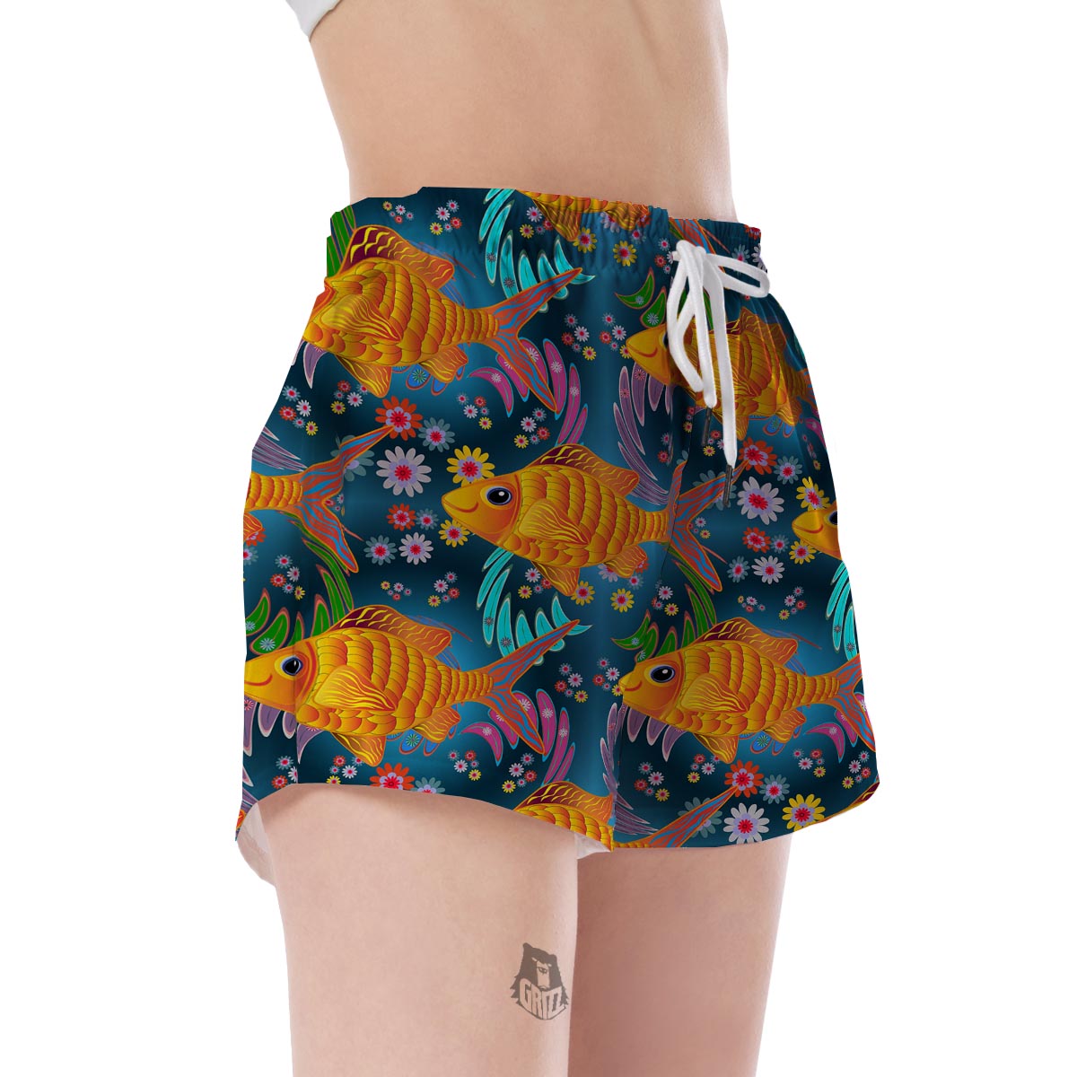 Goldfish Flower Pattern Print Women's Shorts-grizzshop