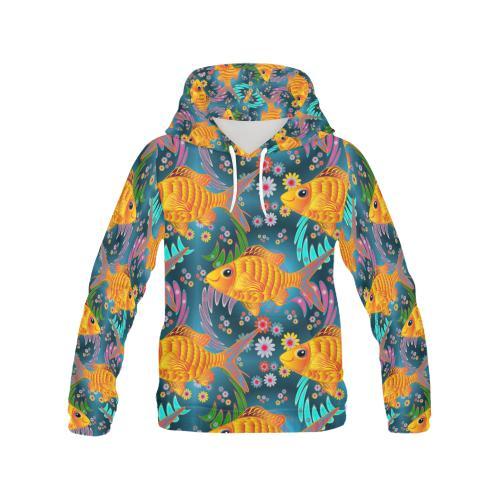 Goldfish Flower Pattern Print Men Pullover Hoodie-grizzshop