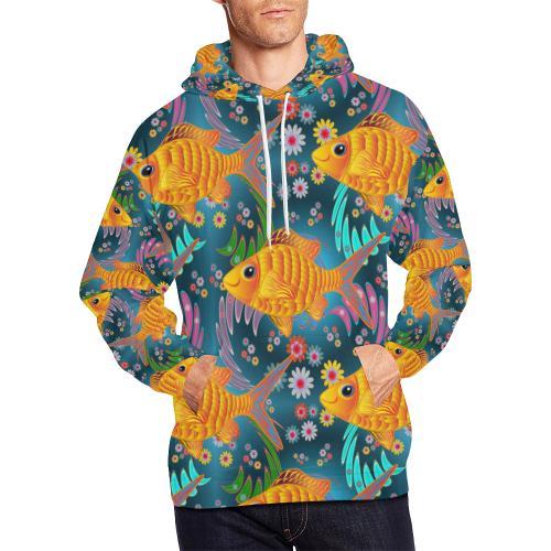 Goldfish Flower Pattern Print Men Pullover Hoodie-grizzshop