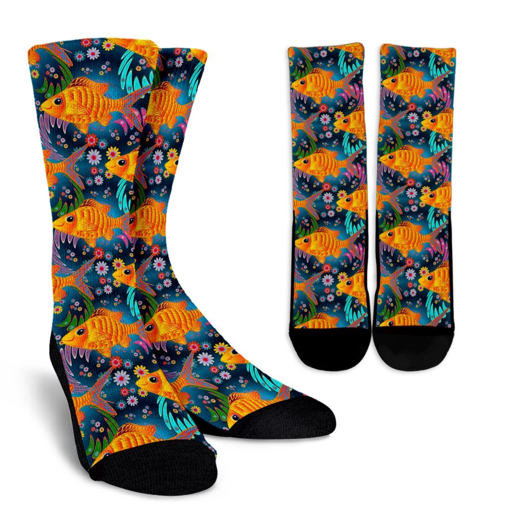 Goldfish Flower Pattern Print Unisex Crew Socks-grizzshop