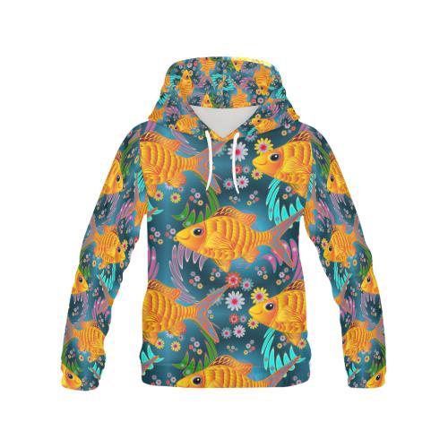 Goldfish Flower Pattern Print Women Pullover Hoodie-grizzshop