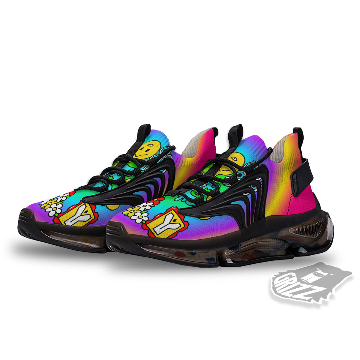 Good Vibes Only Quote Trippy Psychedelic Print Black Gym Shoes-grizzshop