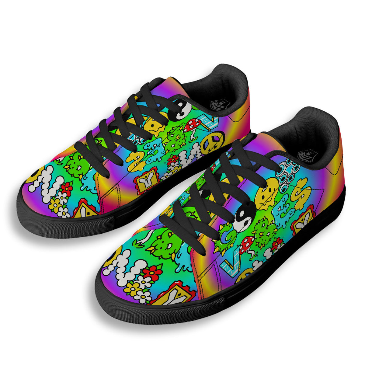 Good Vibes Only Quote Trippy Psychedelic Print Black Low Top Sneakers-grizzshop