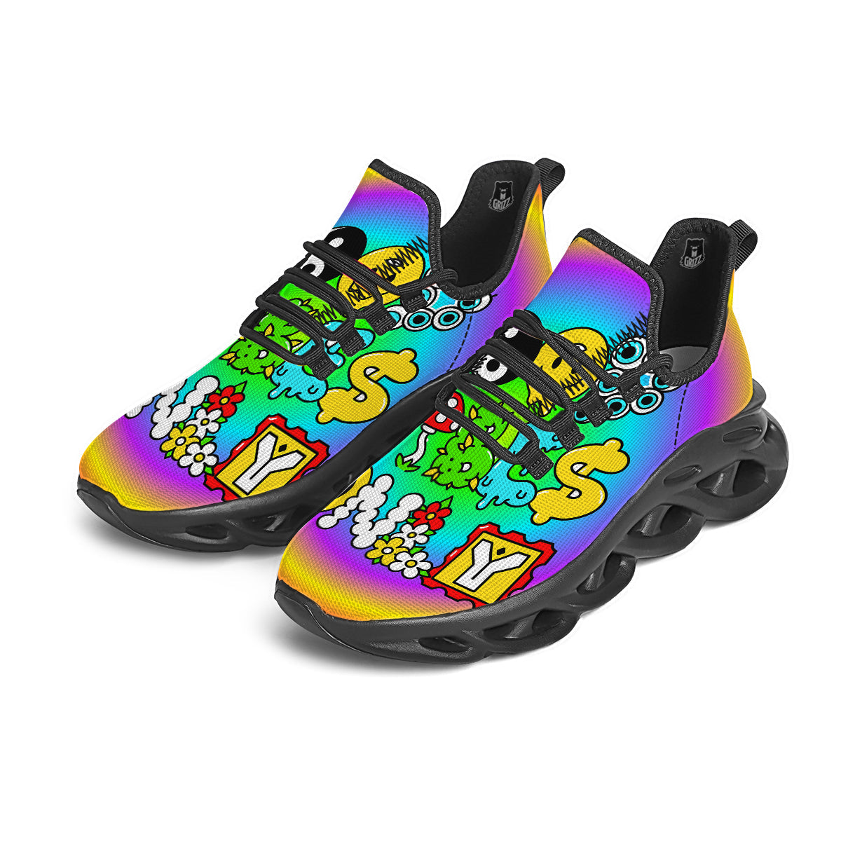 Good Vibes Only Quote Trippy Psychedelic Print Black Running Shoes-grizzshop