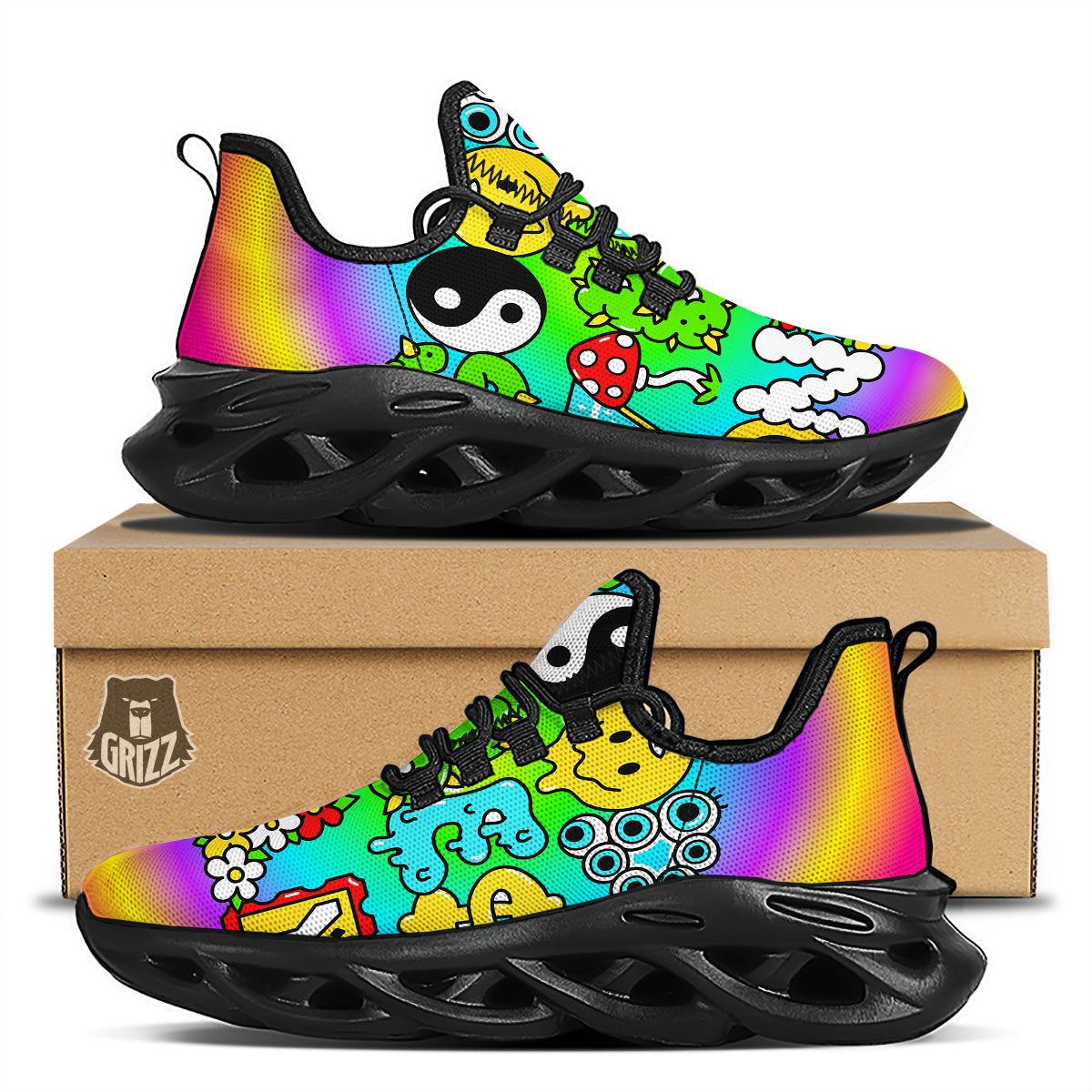 Good Vibes Only Quote Trippy Psychedelic Print Black Running Shoes-grizzshop