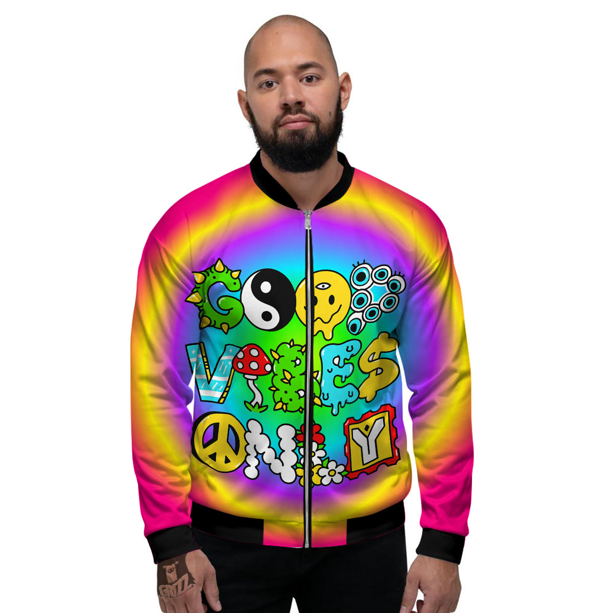 Good Vibes Only Quote Trippy Psychedelic Print Men's Bomber Jacket-grizzshop