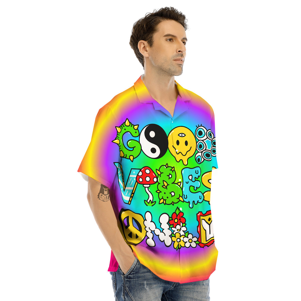 Good Vibes Only Quote Trippy Psychedelic Print Men's Hawaiian Shirt-grizzshop