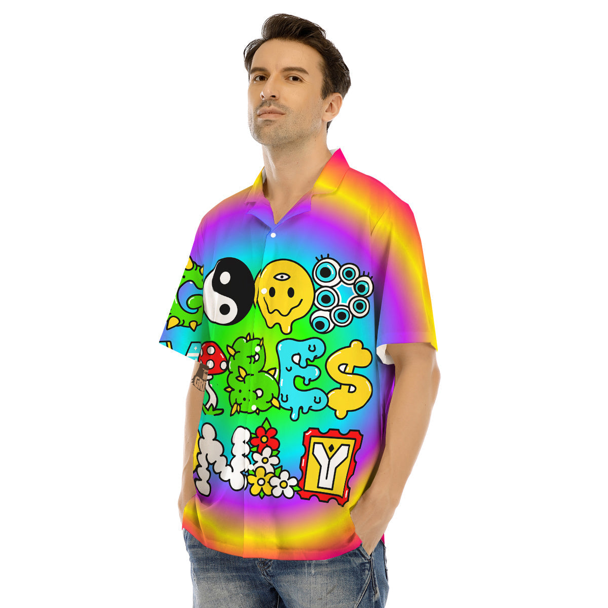 Good Vibes Only Quote Trippy Psychedelic Print Men's Hawaiian Shirt-grizzshop