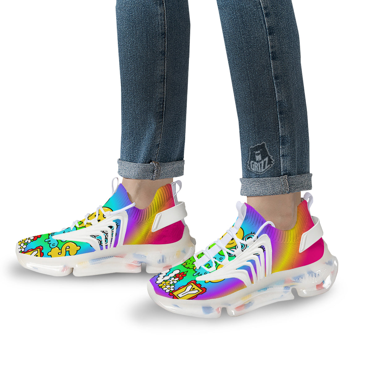 Good Vibes Only Quote Trippy Psychedelic Print White Gym Shoes-grizzshop
