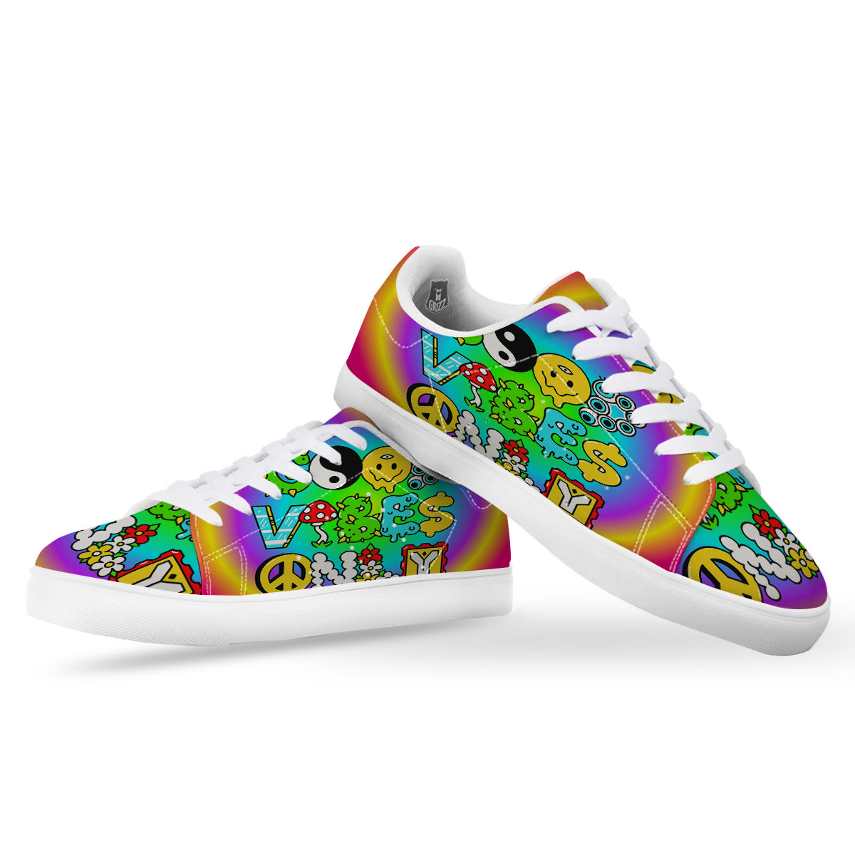 Good Vibes Only Quote Trippy Psychedelic Print White Low Top Sneakers-grizzshop