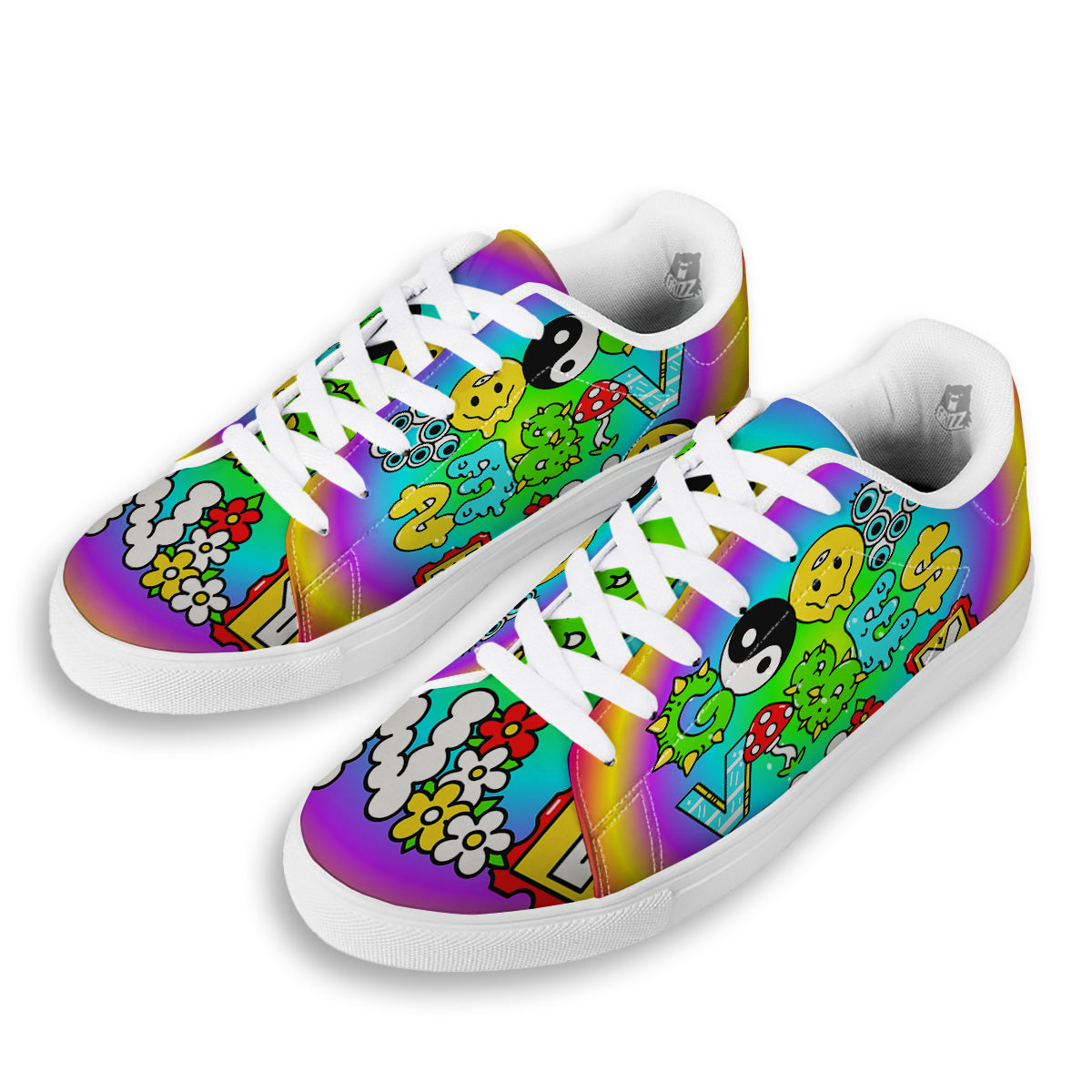 Good Vibes Only Quote Trippy Psychedelic Print White Low Top Sneakers-grizzshop