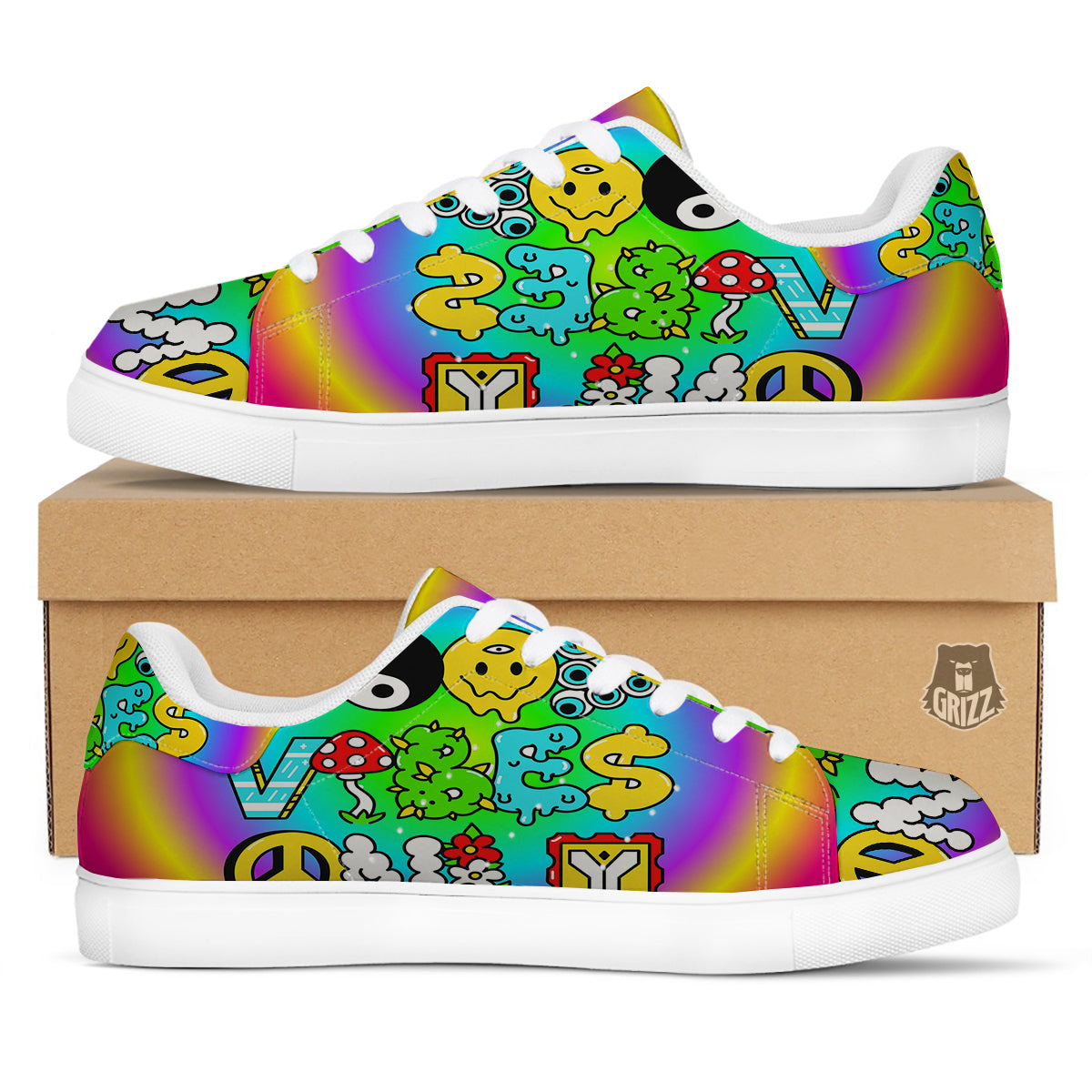 Good Vibes Only Quote Trippy Psychedelic Print White Low Top Sneakers-grizzshop