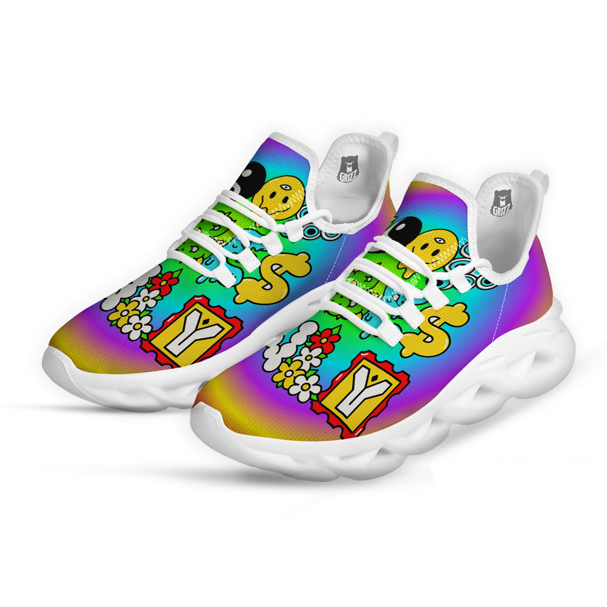 Good Vibes Only Quote Trippy Psychedelic Print White Running Shoes-grizzshop