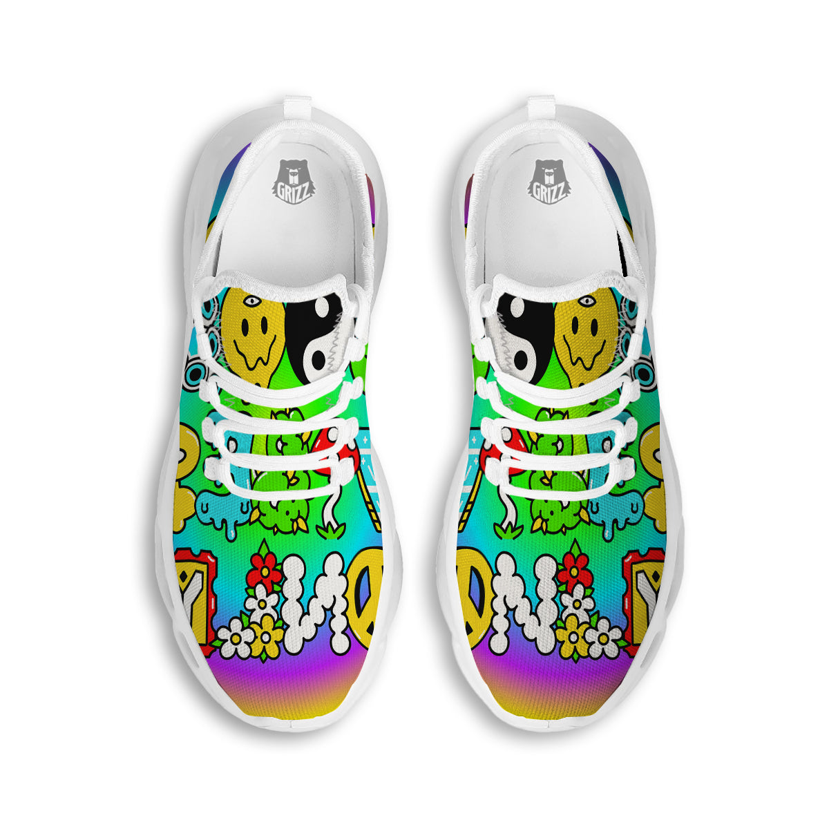 Good Vibes Only Quote Trippy Psychedelic Print White Running Shoes-grizzshop