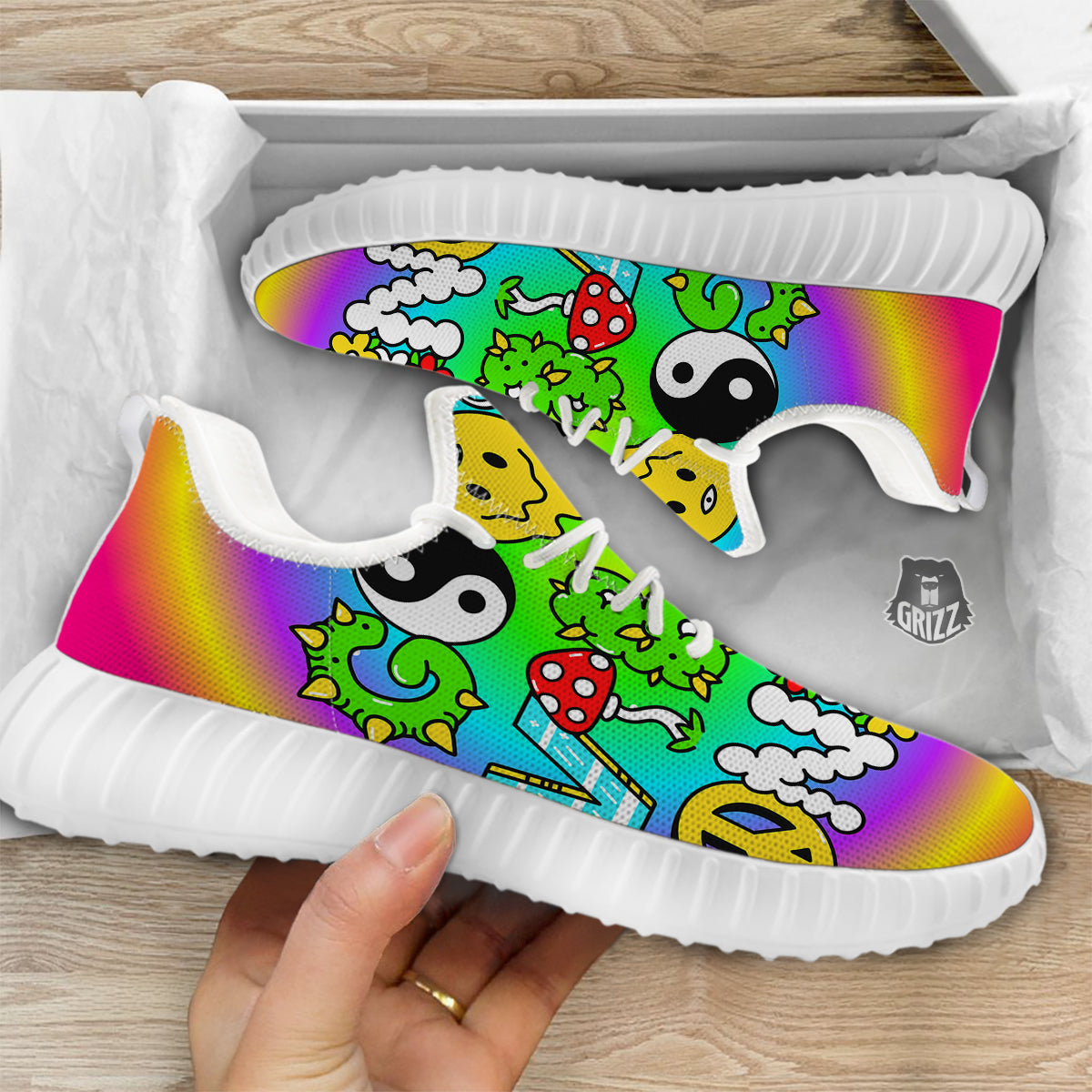 Good Vibes Only Quote Trippy Psychedelic Print White Walking Shoes-grizzshop