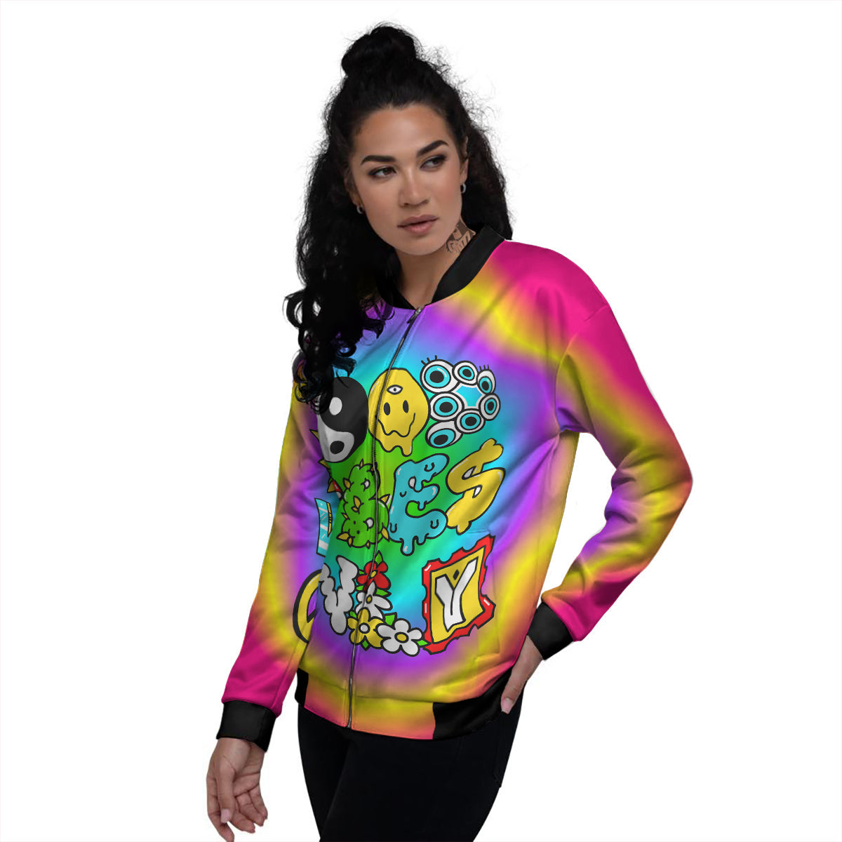 Good Vibes Only Quote Trippy Psychedelic Print Women's Bomber Jacket-grizzshop
