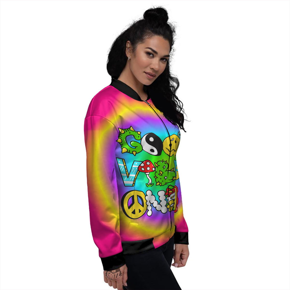 Good Vibes Only Quote Trippy Psychedelic Print Women's Bomber Jacket-grizzshop