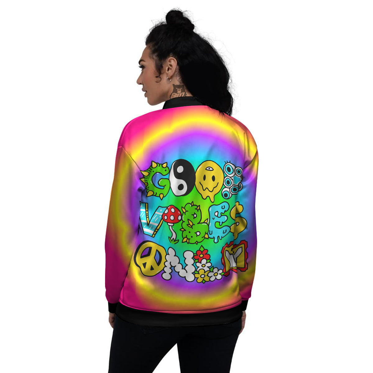 Good Vibes Only Quote Trippy Psychedelic Print Women's Bomber Jacket-grizzshop
