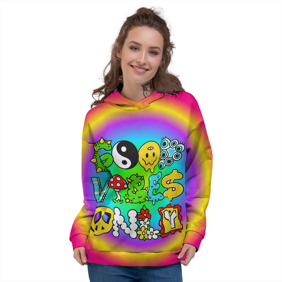 Good Vibes Only Quote Trippy Psychedelic Print Women's Hoodie-grizzshop