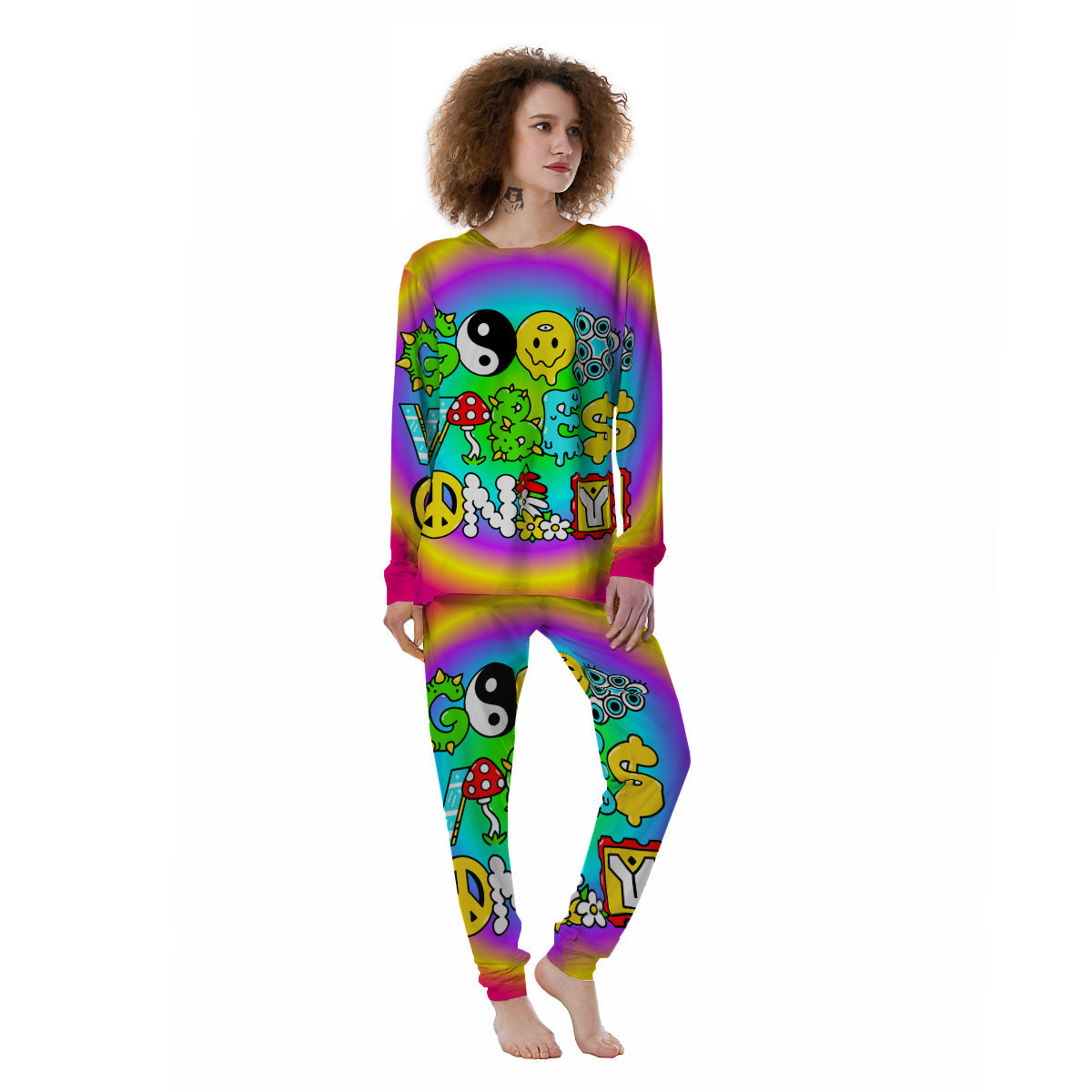 Good Vibes Only Quote Trippy Psychedelic Print Women's Pajamas-grizzshop
