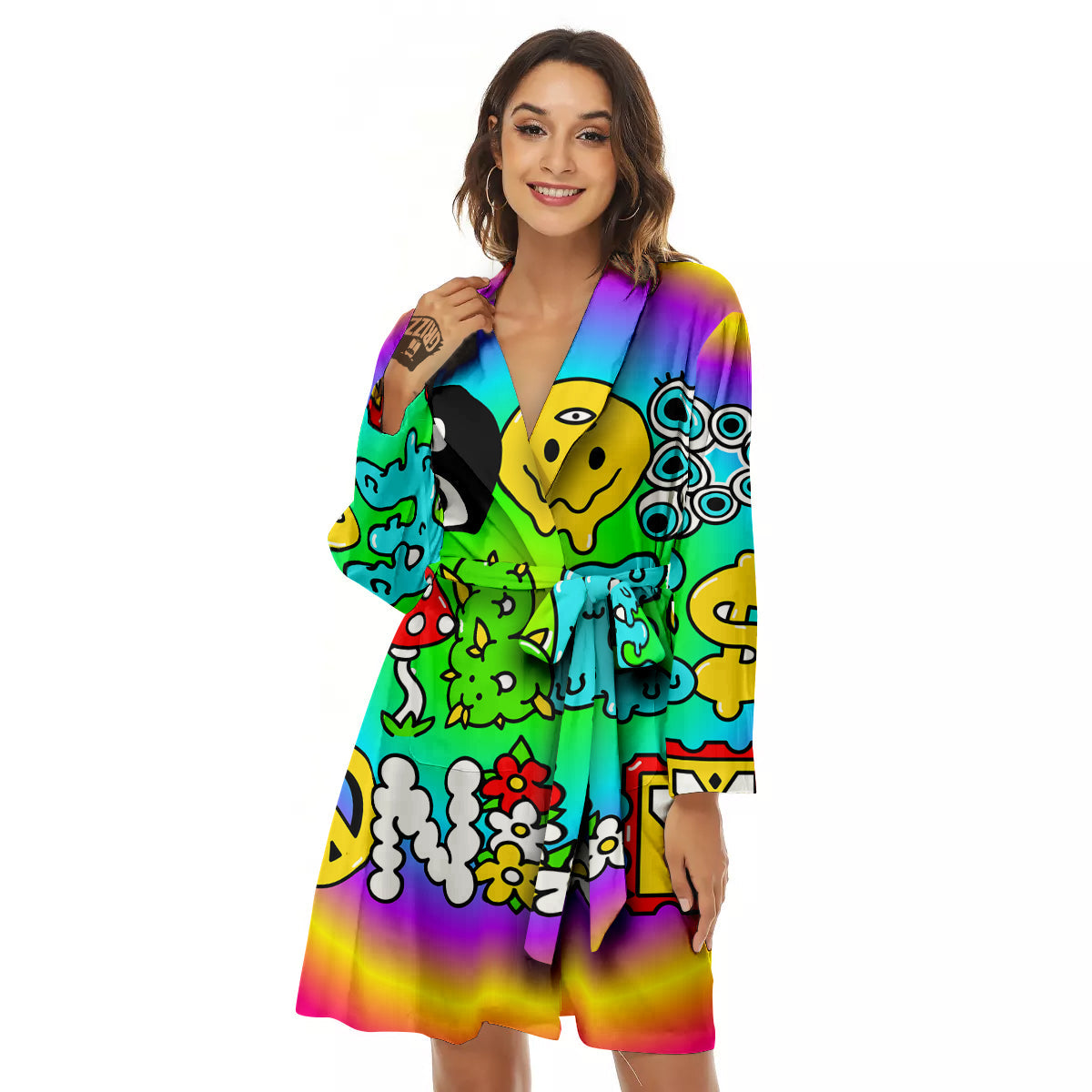 Good Vibes Only Quote Trippy Psychedelic Print Women's Robe-grizzshop