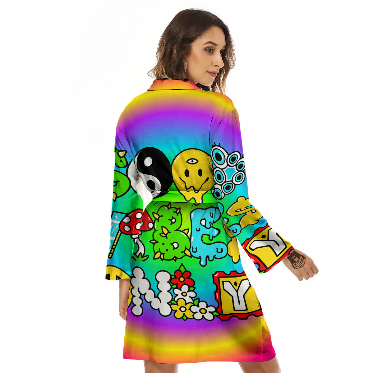 Good Vibes Only Quote Trippy Psychedelic Print Women's Robe-grizzshop
