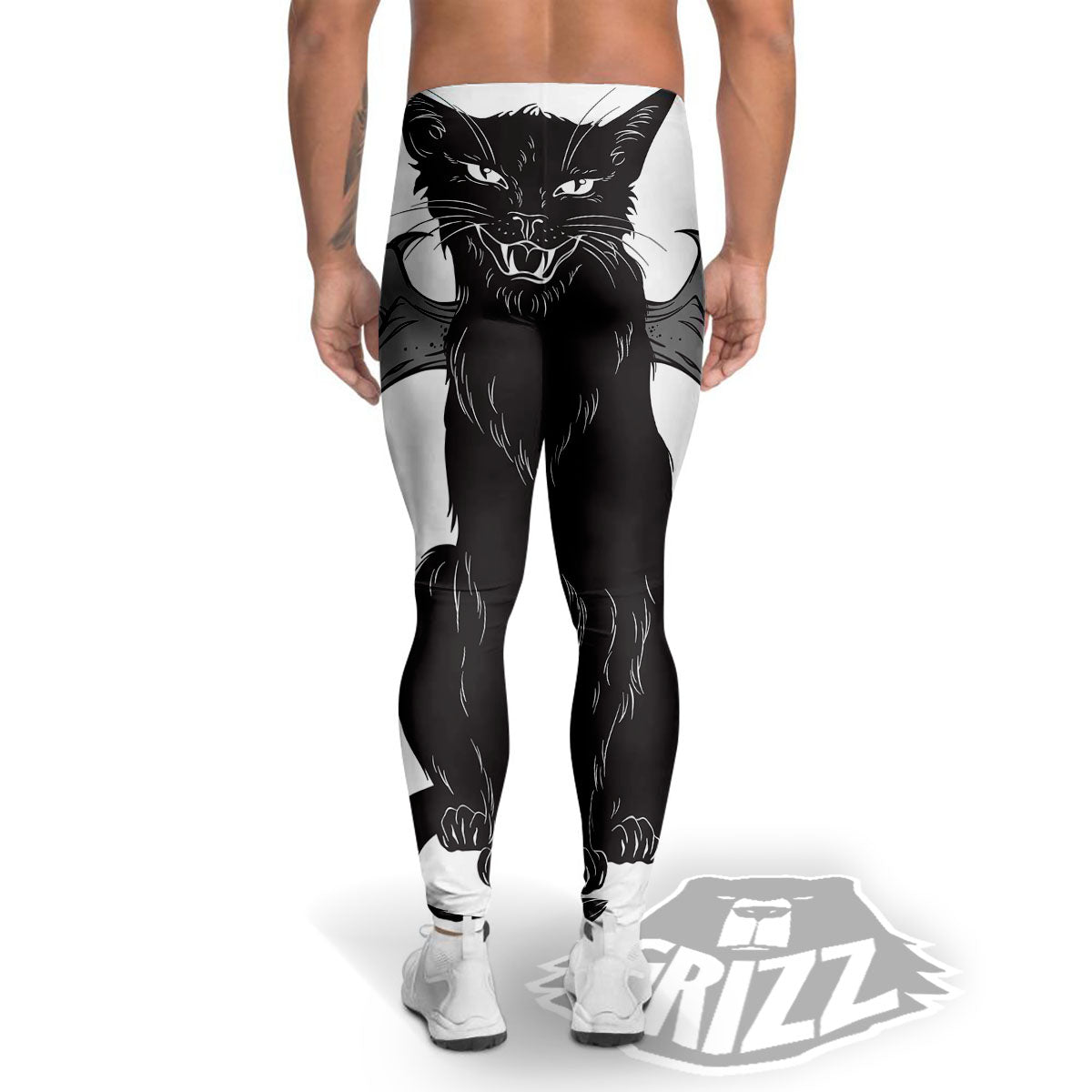 Gothic Wiccan Cat White And Black Print Men's Leggings-grizzshop