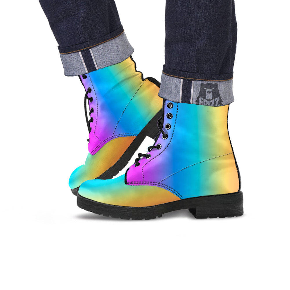 Gradient Rainbow Print Pattern Leather Boots-grizzshop
