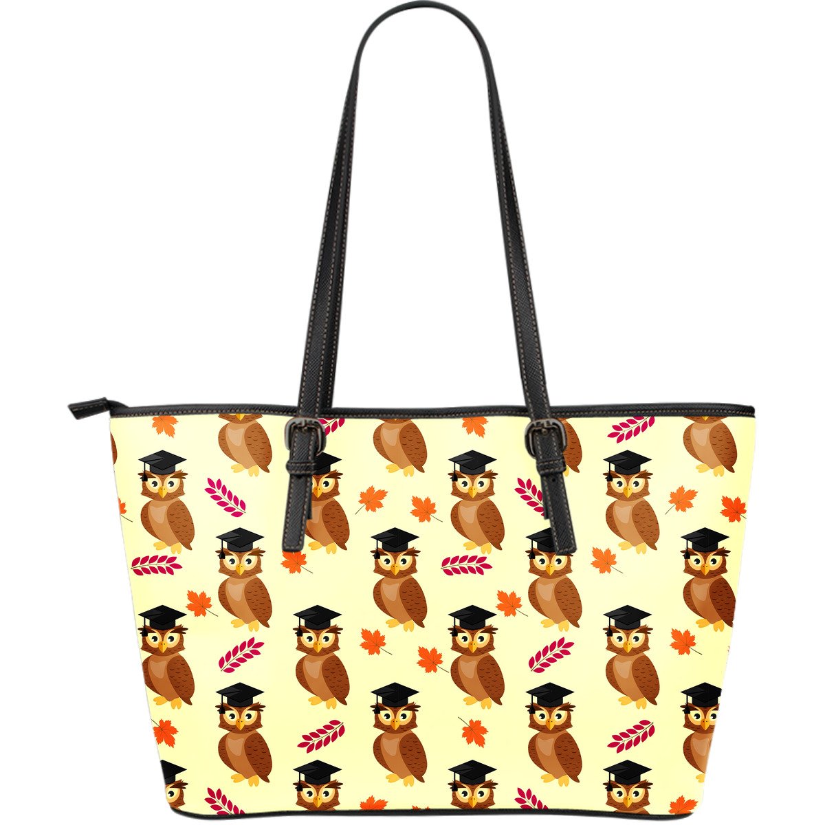 Graduation Owl Pattern Print Leather Tote Bag-grizzshop
