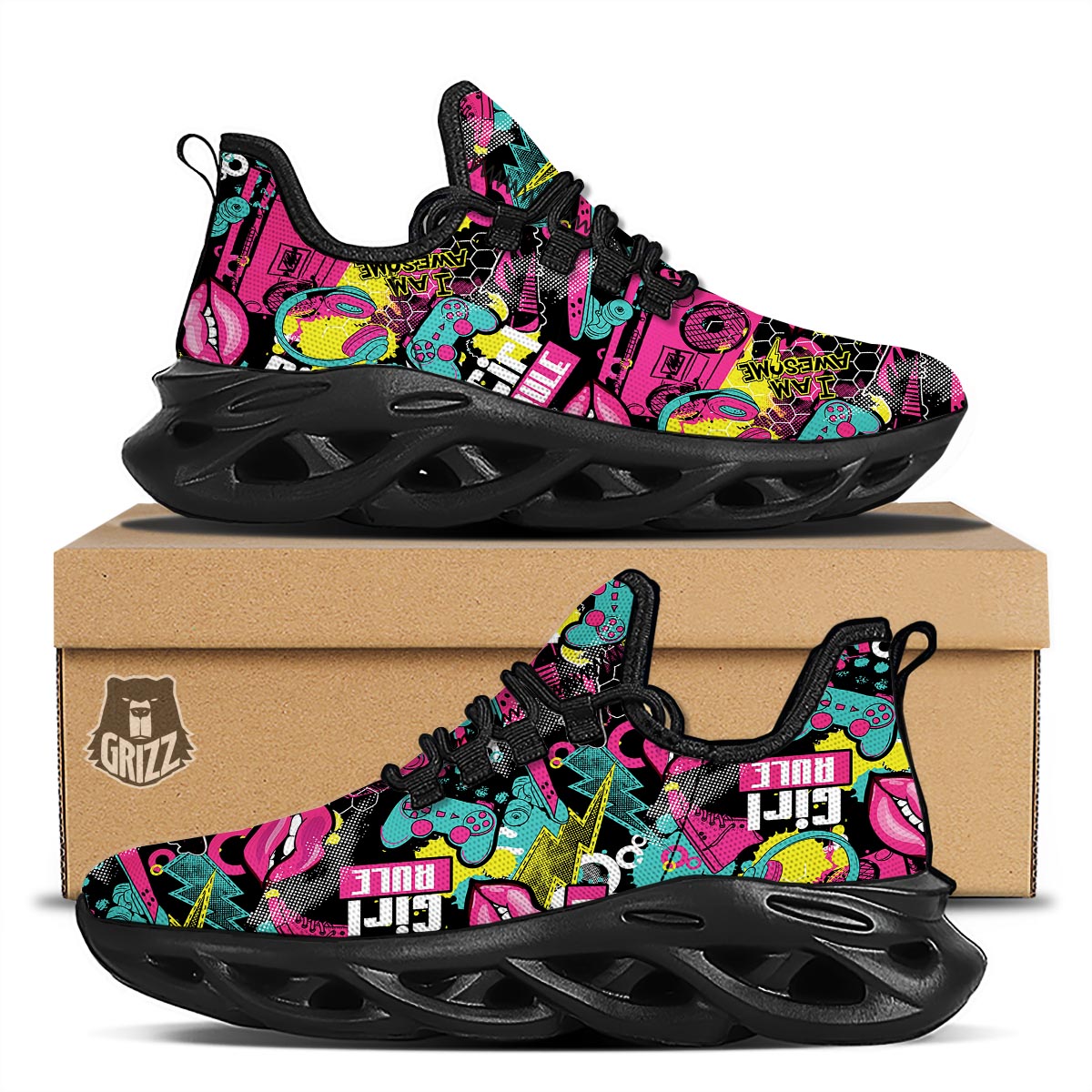 Graffiti Abstract Hiphop Lip Black Running Shoes-grizzshop
