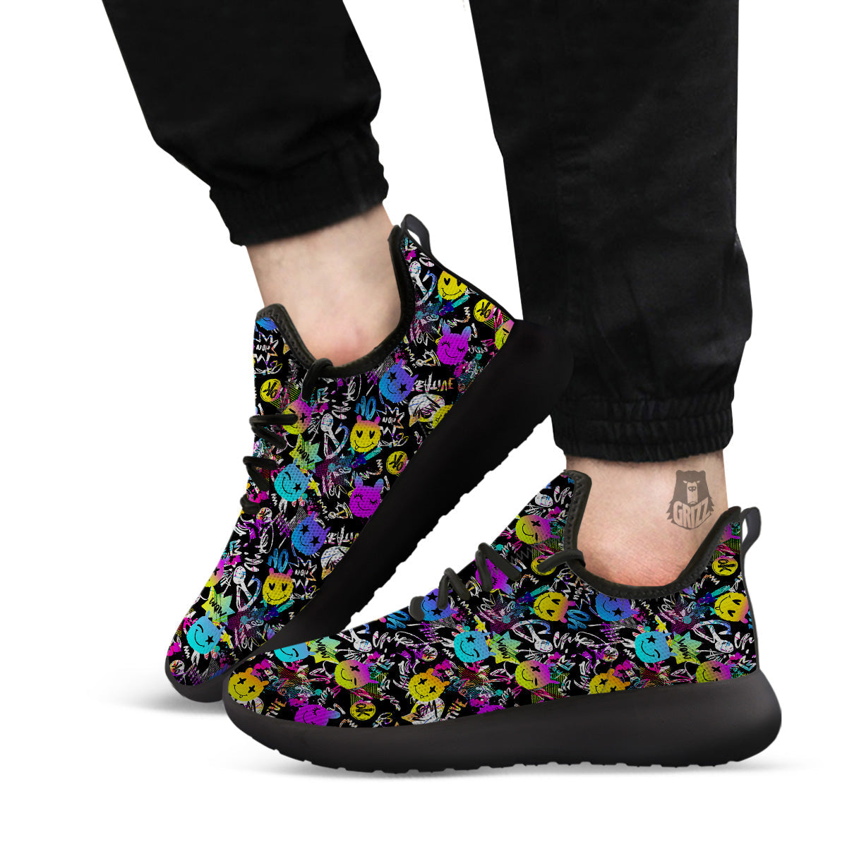 Graffiti Colorful Emoji Faces Print Pattern Black Athletic Shoes-grizzshop