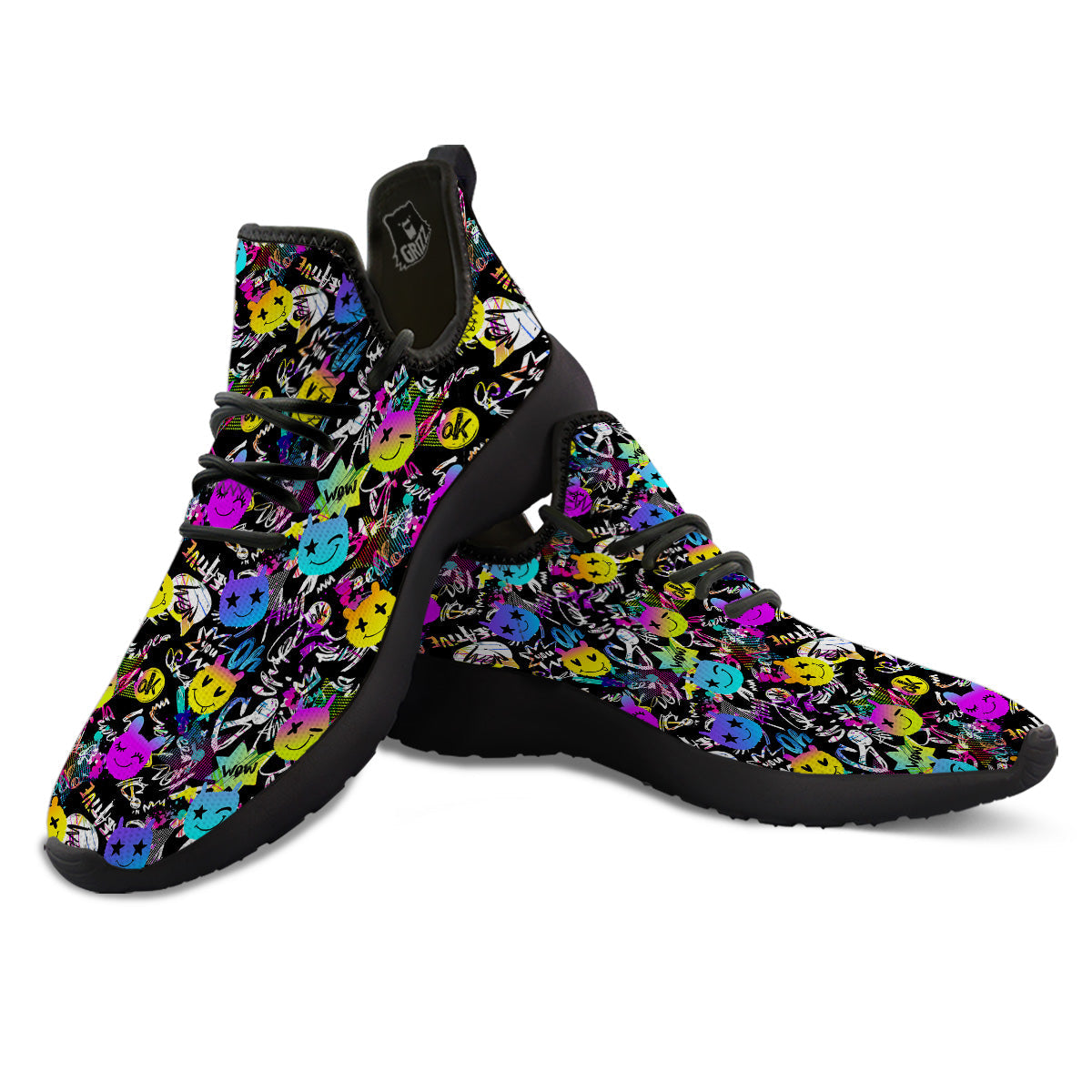 Graffiti Colorful Emoji Faces Print Pattern Black Athletic Shoes-grizzshop