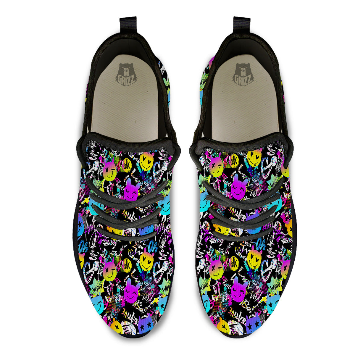 Graffiti Colorful Emoji Faces Print Pattern Black Athletic Shoes-grizzshop
