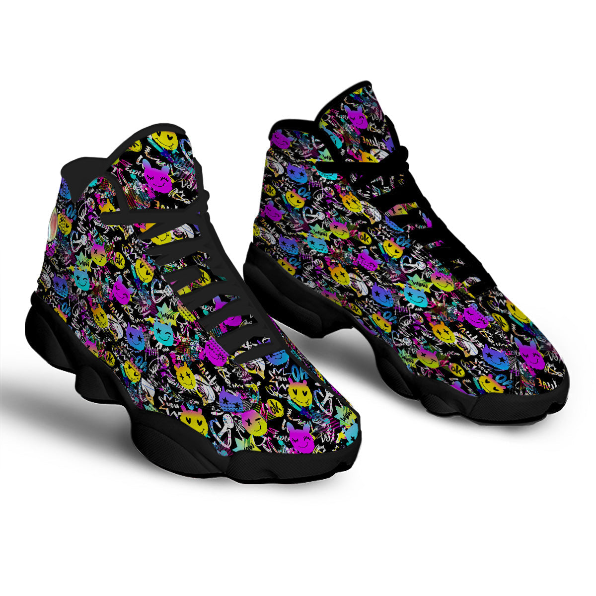 Graffiti Colorful Emoji Faces Print Pattern Black Basketball Shoes-grizzshop