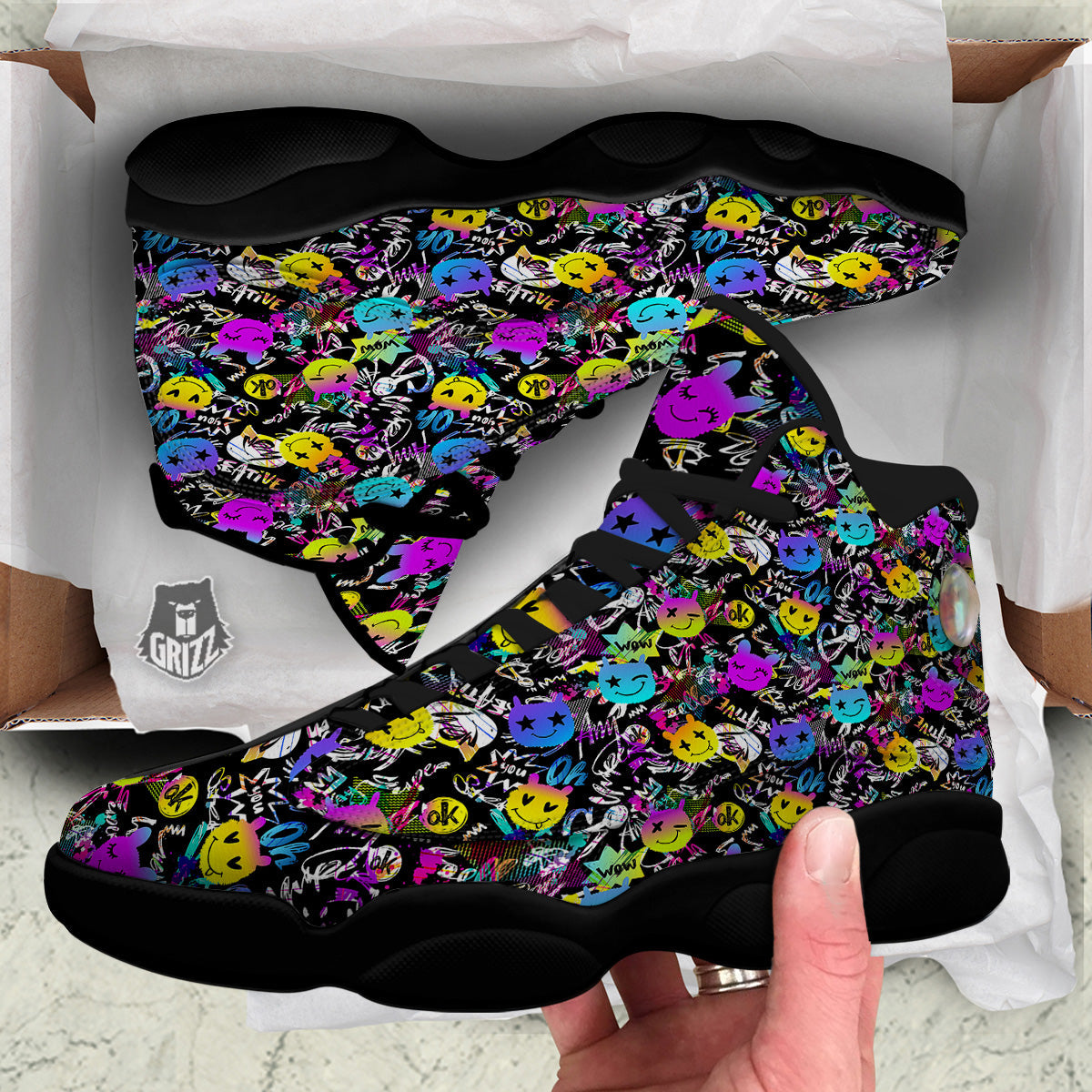 Graffiti Colorful Emoji Faces Print Pattern Black Basketball Shoes-grizzshop