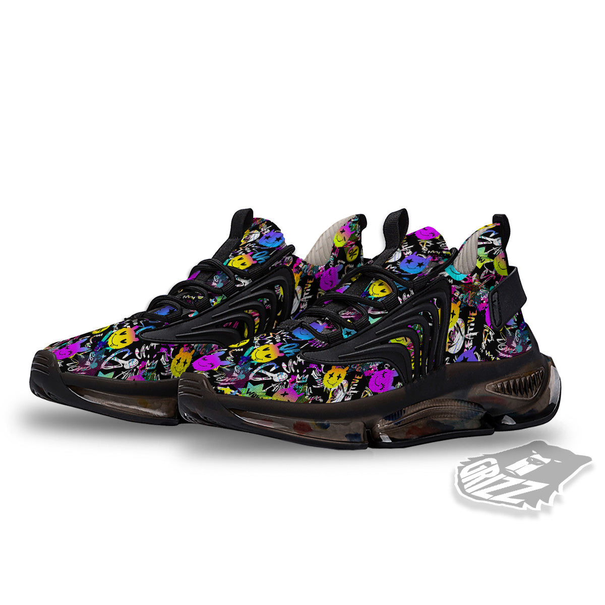 Graffiti Colorful Emoji Faces Print Pattern Black Gym Shoes-grizzshop