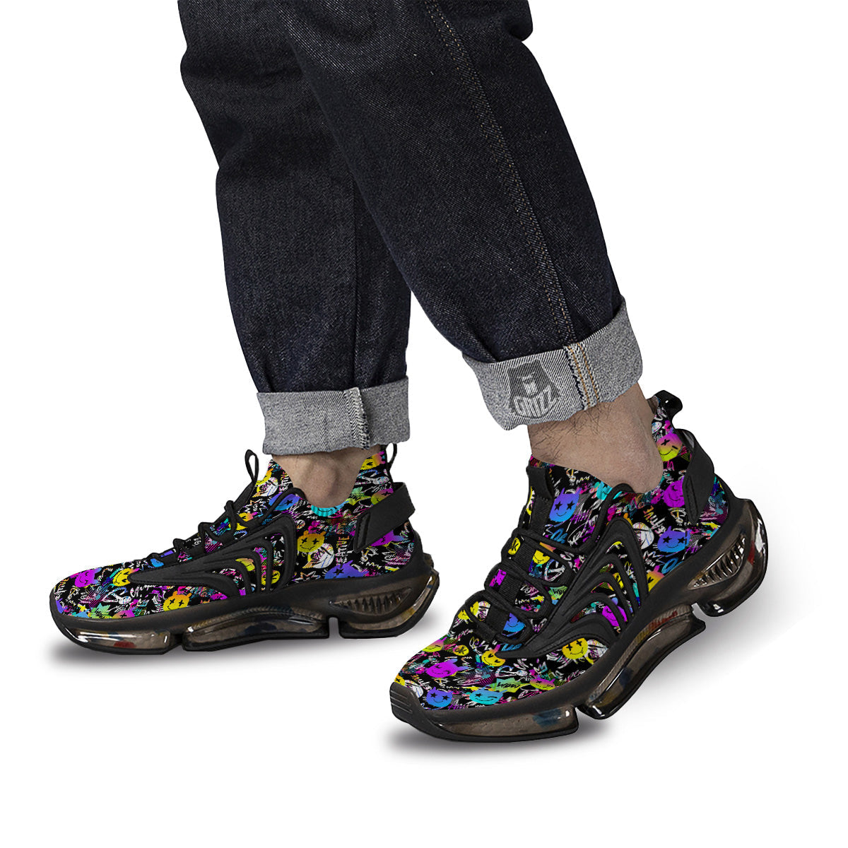 Graffiti Colorful Emoji Faces Print Pattern Black Gym Shoes-grizzshop