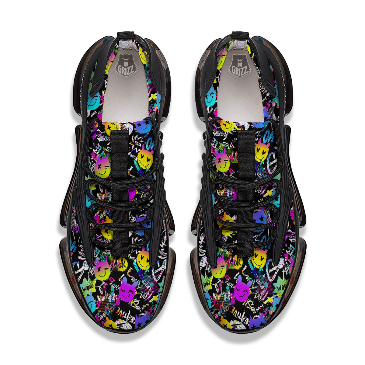 Graffiti Colorful Emoji Faces Print Pattern Black Gym Shoes-grizzshop