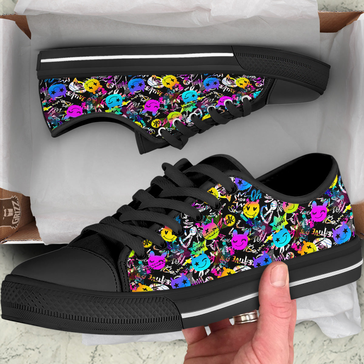 Graffiti Colorful Emoji Faces Print Pattern Black Low Top Shoes-grizzshop
