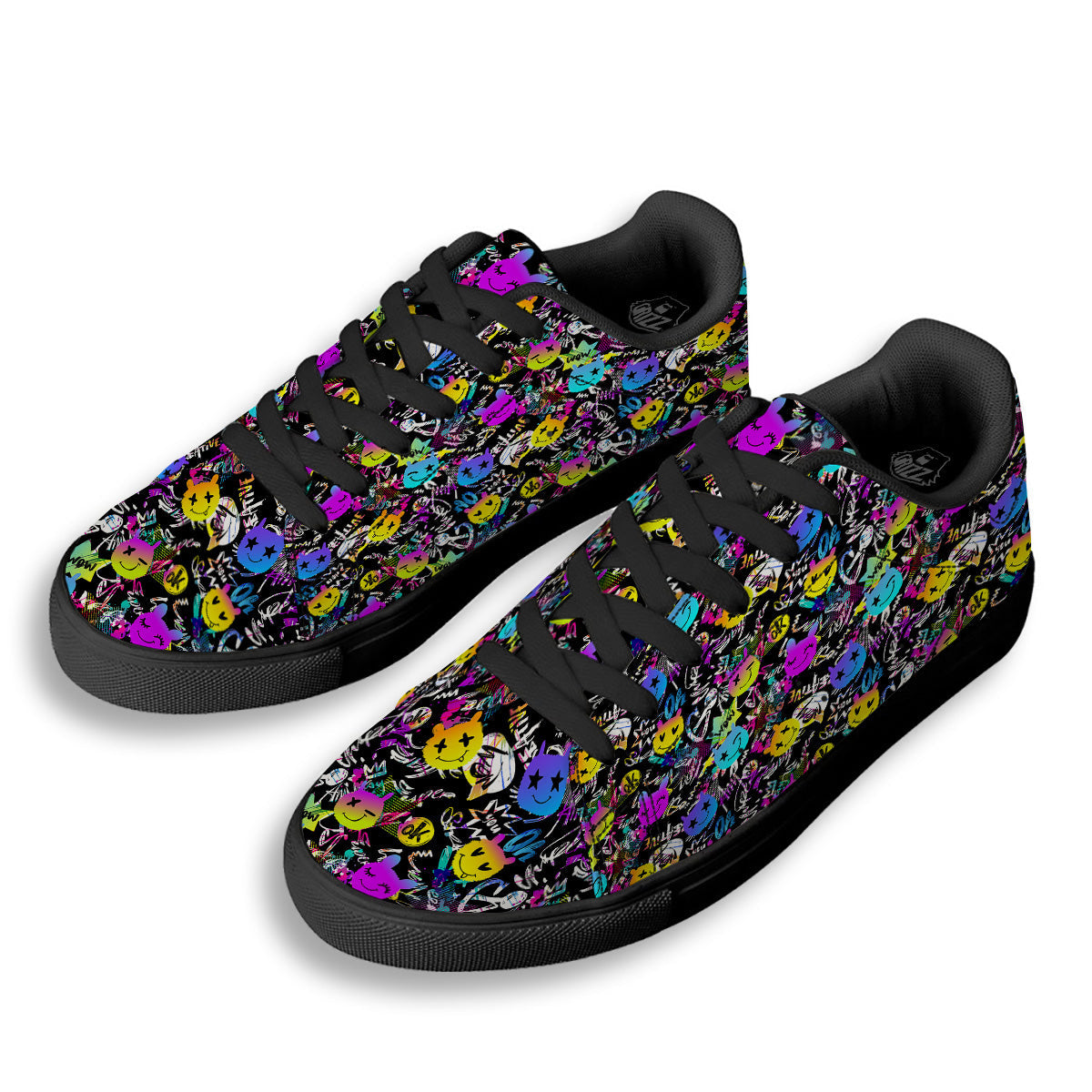 Graffiti Colorful Emoji Faces Print Pattern Black Low Top Sneakers-grizzshop