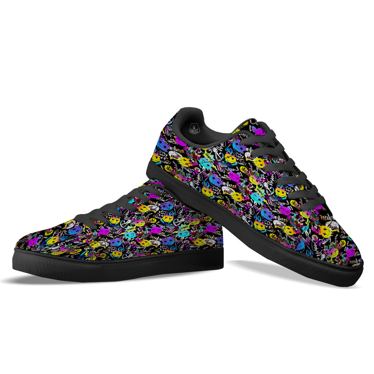 Graffiti Colorful Emoji Faces Print Pattern Black Low Top Sneakers-grizzshop