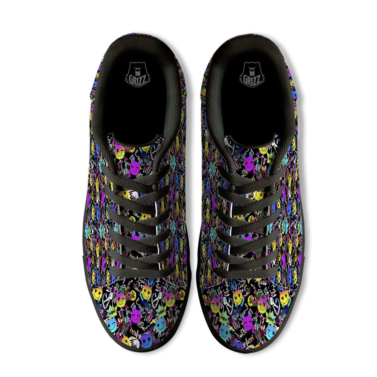 Graffiti Colorful Emoji Faces Print Pattern Black Low Top Sneakers-grizzshop