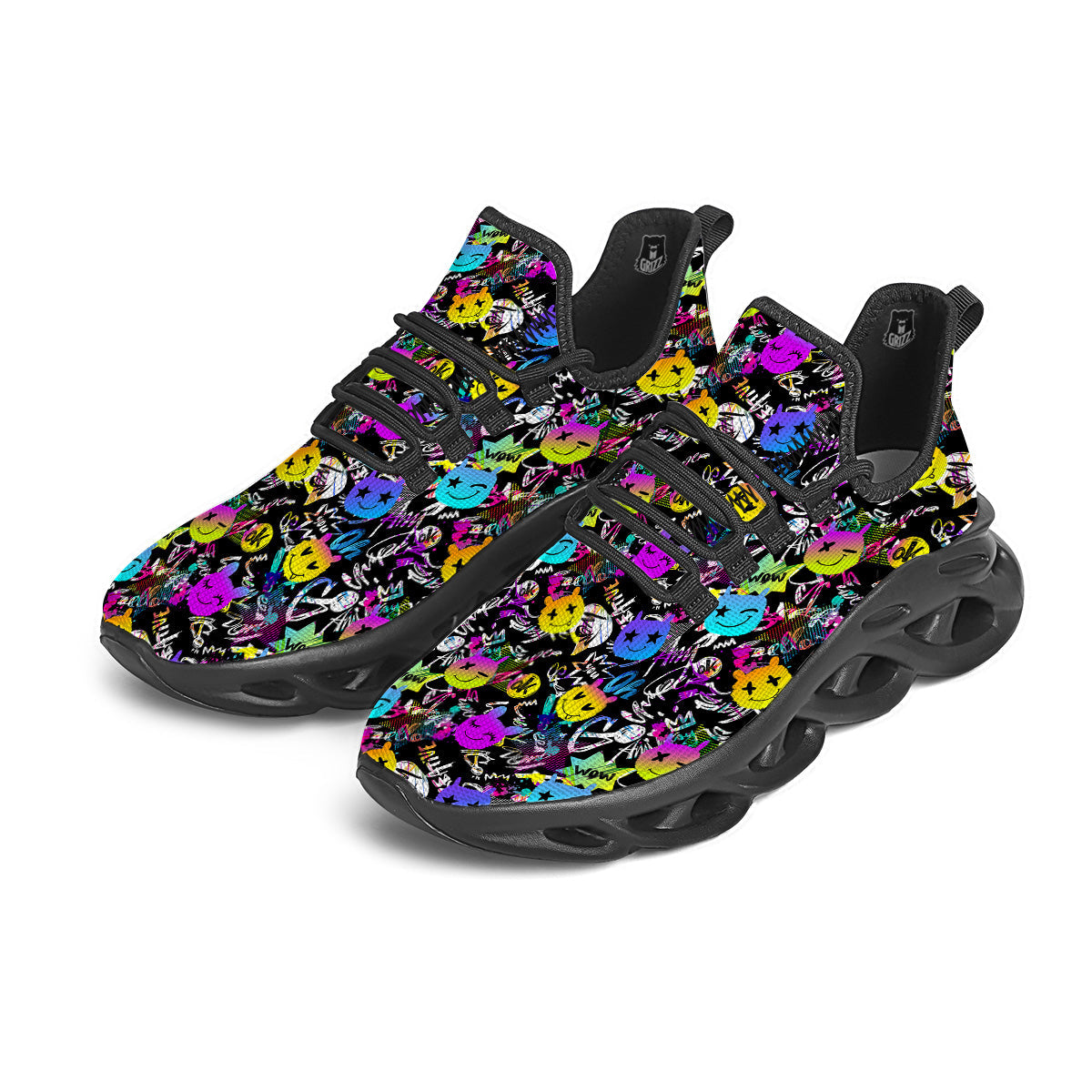 Graffiti Colorful Emoji Faces Print Pattern Black Running Shoes-grizzshop