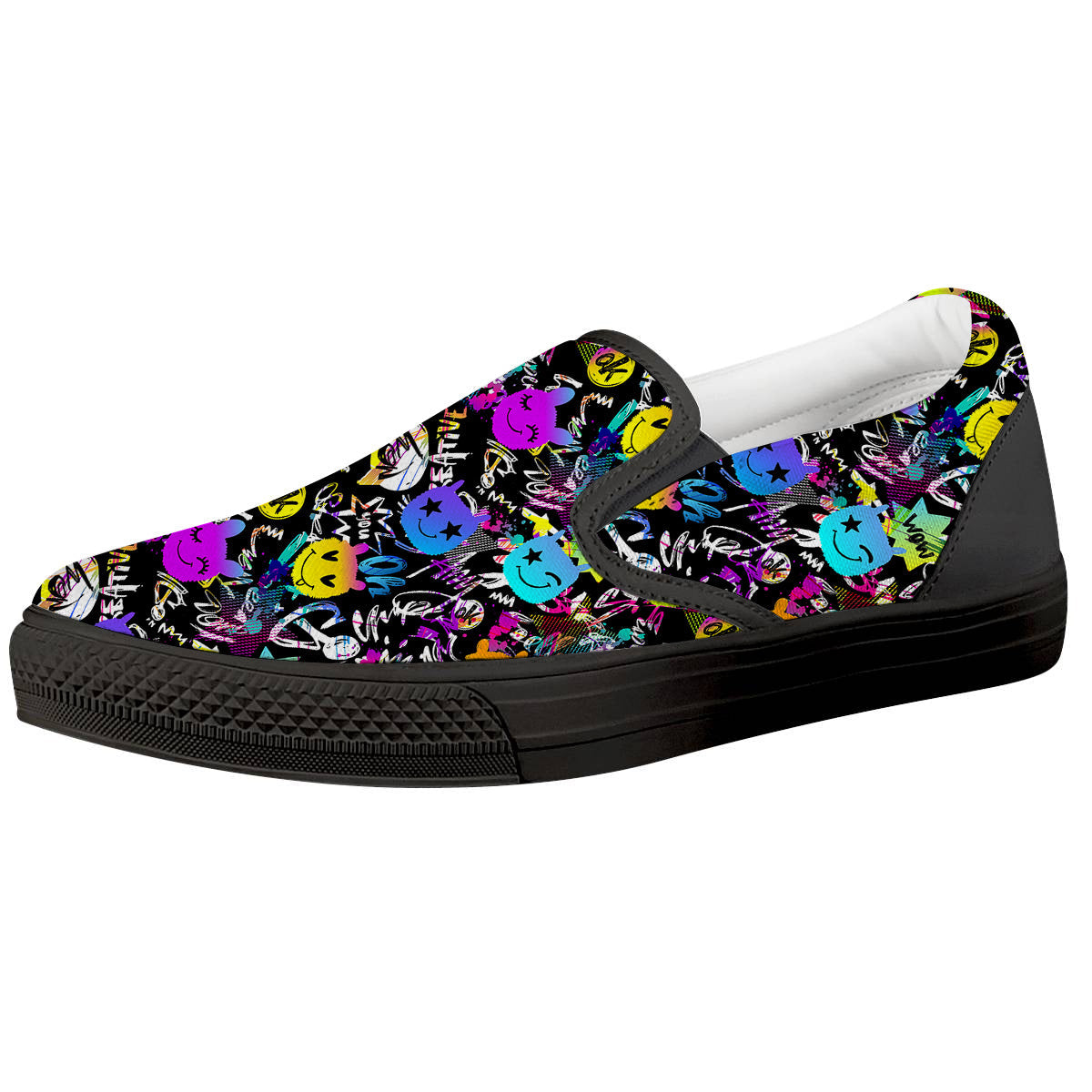 Graffiti Colorful Emoji Faces Print Pattern Black Slip On Shoes-grizzshop