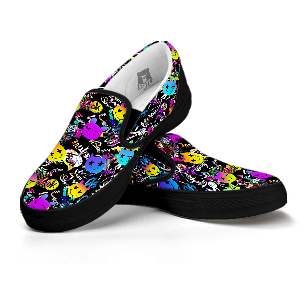 Graffiti Colorful Emoji Faces Print Pattern Black Slip On Shoes-grizzshop