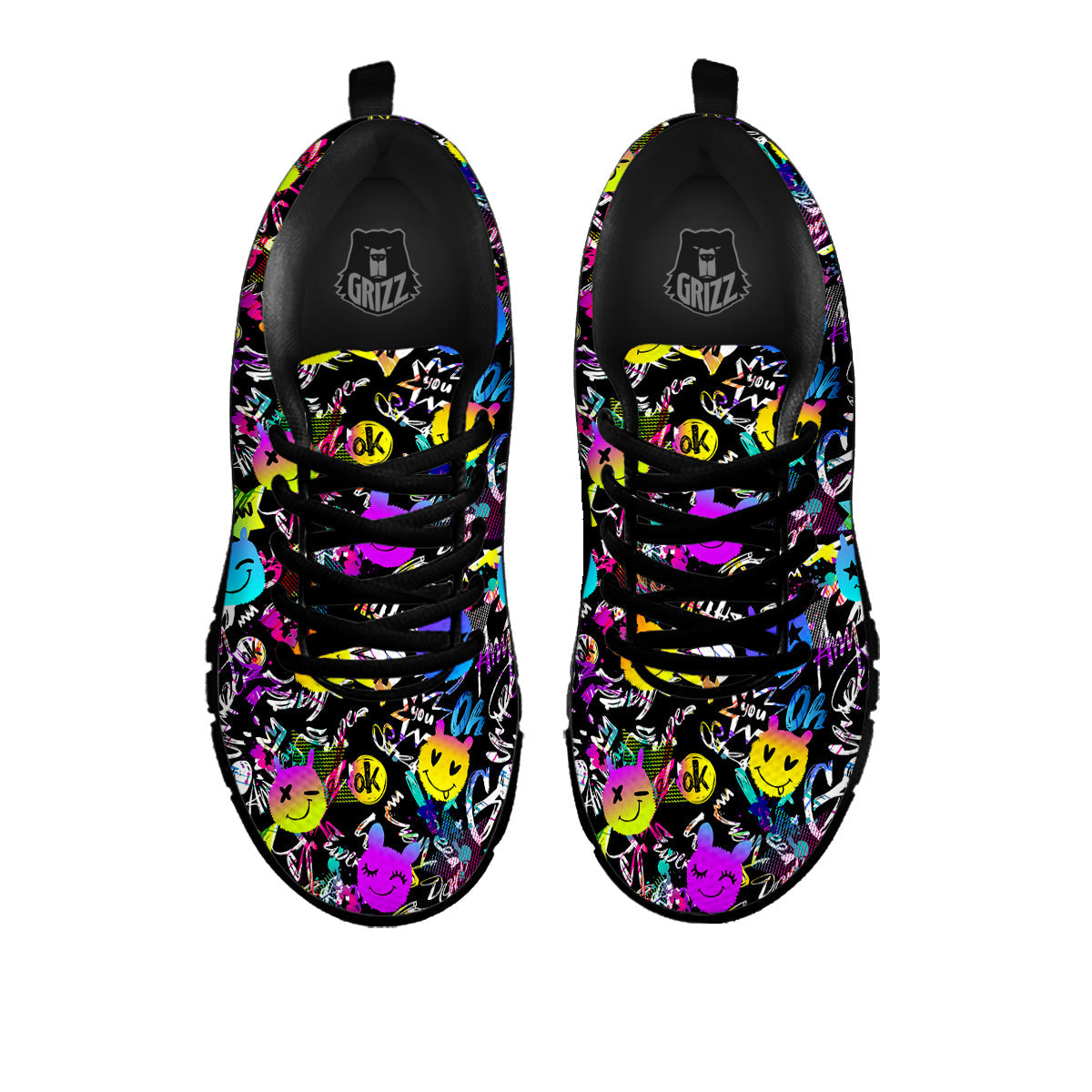 Graffiti Colorful Emoji Faces Print Pattern Black Sneaker-grizzshop