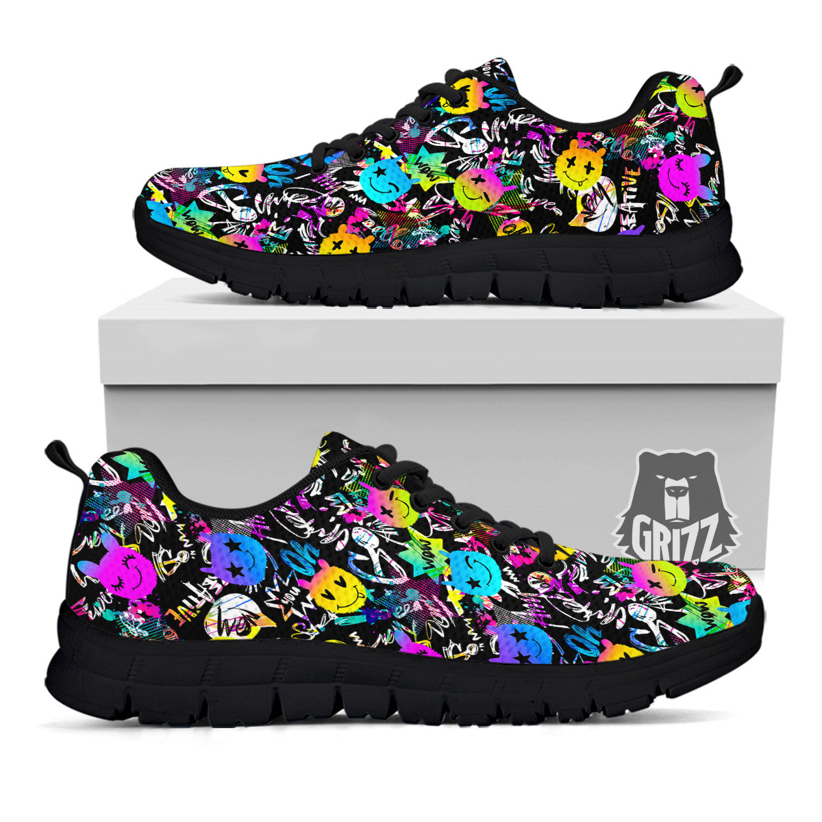 Graffiti Colorful Emoji Faces Print Pattern Black Sneaker-grizzshop
