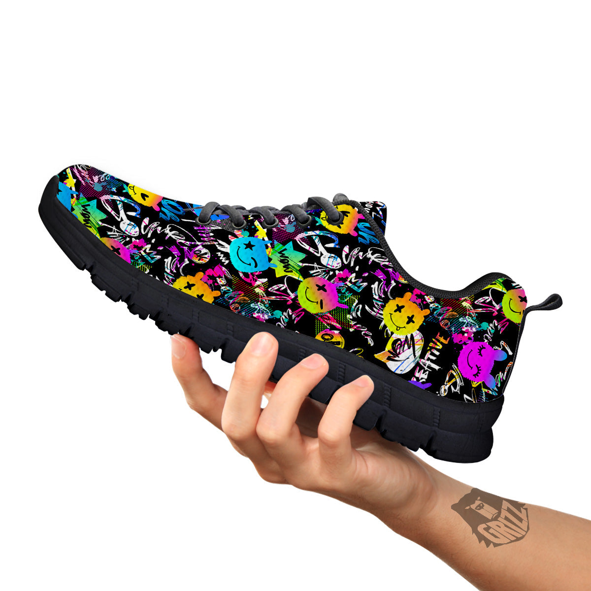 Graffiti Colorful Emoji Faces Print Pattern Black Sneaker-grizzshop